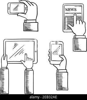 Moderne digitale Geräte mit Geschäftsleuten Hände, die mit Smartphones und Tablet-Computer. Symbole für Skizzen für Kommunikation oder mobile Technologie Stock Vektor