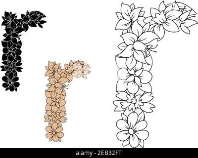 Floraler kleiner Kleinbuchstabe r mit blühenden Wildblumen und Knospen in Umrissen, braun und schwarz Farbvariationen. Für Vintage-Schriftdesign Stock Vektor