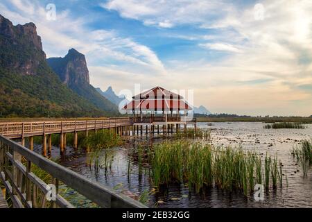 Lotus Teich im Sam ROI Yot Nationalpark am Abend ist der Dämmerungshimmel in der Prachuap Khiri Khan Thai Provinz. Stockfoto