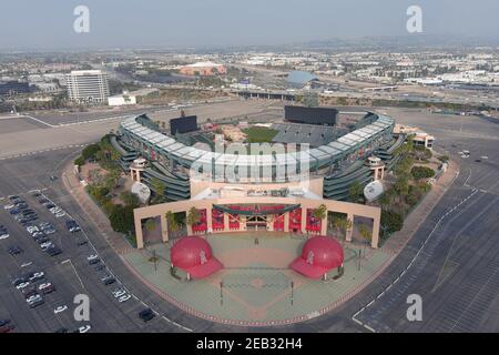 Eine Luftaufnahme des Angel Stadium von Anahiem, Mittwoch, 10. Februar 2021, in Anaheim, Kalif. Stockfoto