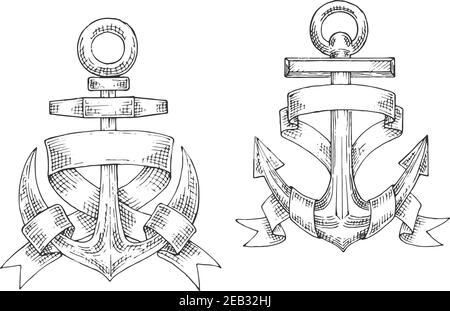 Skizzierte vintage marine Anker gewickelt durch breites Band. Nautische und marine Heraldik Design Verwendung Stock Vektor
