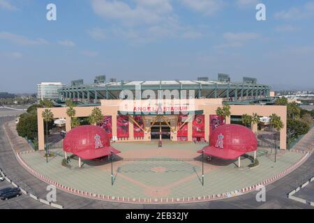 Eine Luftaufnahme des Angel Stadium von Anahiem, Mittwoch, 10. Februar 2021, in Anaheim, Kalif. Stockfoto