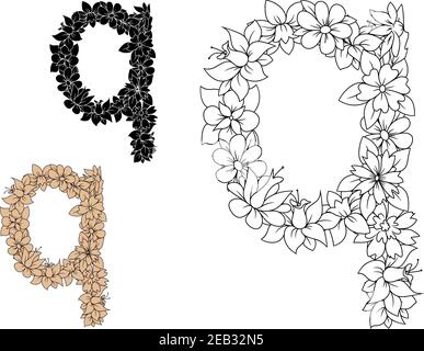 Dekorativer Buchstabe q des floralen Alphabets, bestehend aus blühenden Blumen in Umriss farblos, schwarz und braun Variation. Für romantische Schrift oder Monogramm de Stock Vektor
