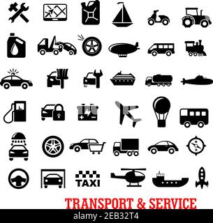 Transport und Auto-Service schwarz flache Symbole mit Auto, LKW, Rad, Zug, Busse, Schiffe, Reparatur, Motorrad, Flugzeug, Hubschrauber, Öl, Taxi, Reifen Stock Vektor