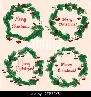 Weihnachtskränze mit Winterurlaub Dekorationen mit üppigen grünen Kiefern, Zapfen, roten Stechbeeren und Text Frohe Weihnachten Stock Vektor