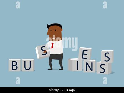 Enthusiastischer Geschäftsmann, der Wort Business aus Stapel von Alphabet-Block-Würfel komponiert. Konzept für den Aufbau Ihres Unternehmens Stock Vektor