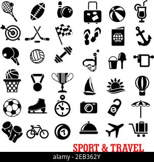 Schwarze Sport-und Reise-Symbole mit Ball, Flugzeug, Pass, Kamera, Gepäck, Sonne, Medaille, Trophäe, Flagge, Stoppuhr, Ziel, Hantel, Schuhe Skate di Stock Vektor