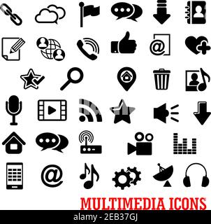 Multimedia-Symbole mit Smartphone, E-Mail, Chat-Blasen, Suche, Mikrofon, Musik, Video, Homepage, Kartenzeiger, Lieblings-Stars wie Trash Call Link d Stock Vektor