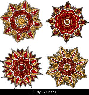 Rote und gelbe runde Blumenmuster mit abstrakten roten und gelben Blüten, geschmückt mit durchbrochenen Ornamenten. Kann in Fliesen- oder Textildesign verwendet werden Stock Vektor