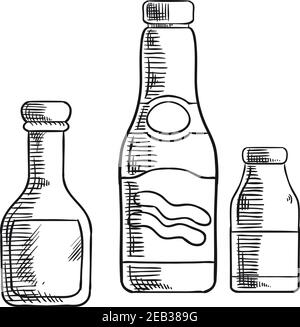 Glasflaschen mit Tomatenketchup, Senf- und Meersalzwürzen für Rezeptbuch, Küchenausstattung oder Accessoires Design. Skizzenstil Stock Vektor