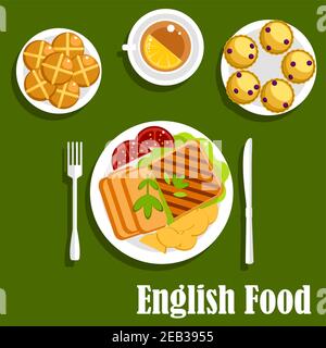 Traditionelles Mittagessen der englischen Küche mit Roastbeef, Bratkartoffeln, gegrilltem Toast und Tomaten, Tasse Tee mit Zitrone, Scones mit Johannisbeeren und heißem cr Stock Vektor