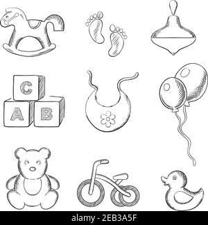 Baby skizzierte Ikonen mit Schaukelpferd, Ente, Kreisel, abc Blöcke, Lätzchen, Ballons, Dreirad und Fußabdrücke. Skizzenstil Stock Vektor