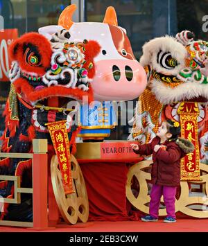 Richmond, Kanada. Februar 2021, 11th. Ein Kind sieht chinesische Mondneujahresdekorationen im Aberdeen Centre in Richmond, British Columbia, Kanada, 11. Februar 2021. Quelle: Andrew Soong/Xinhua/Alamy Live News Stockfoto