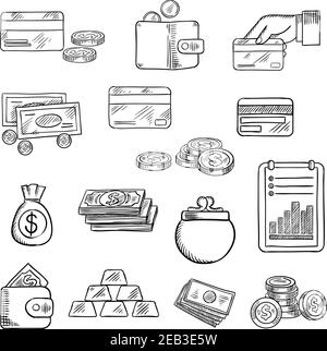 Finanzen, Geschäft und Geld flache Symbole von Dollar-Scheine und Goldmünzen, Stapel von Goldbarren, Brieftasche, Geldbeutel, Bankkarten und Finanzbericht Stock Vektor