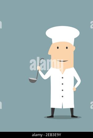 Cartoon Koch in weißen Uniform Tunika und Haube stehen mit großen Schöpfkelle in der Hand. Für Restaurant- oder Food-Service-Konzept Verwendung Stock Vektor
