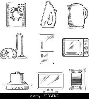 Skizzierte Symbole für Küche und Hausgerät mit Staubsauger, Wasserkocher, Bügeleisen, Kühlschrank, Mikrowelle, Nadel und Baumwolle, Fernseher und Waschmaschine Stock Vektor