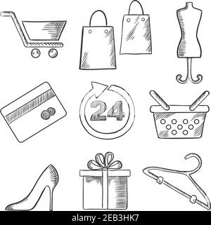 Geschäft, Einzelhandel und Einkaufen skizzierte Ikonen von Einkaufswagen, Taschen, Schneider Dummy, Stiletto Schuh, Kleidergröße, Geschenk, Kleiderbügel, Kreditkarte und Shopping Stock Vektor