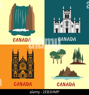 Architektur und Natur Wahrzeichen von Kanada mit flachen Ikonen der malerischen Wasserfall, immergrünen Wald, Berg und Tal, gotischen Tempel und Kirche Stock Vektor