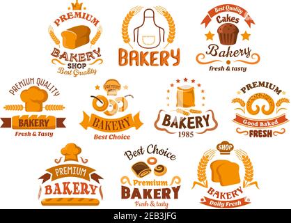 Ikonen der Bäckerei und Schilder mit Toast und Brot, süßen Brötchen, Kuchen und Bagels, Mehlbeutel, Backhut und Schürze. Dekoriert von Weizenohren, Stock Vektor