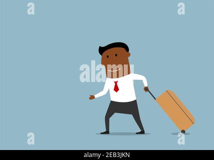 Konzept für Geschäftsreisen, Reisen, Urlaub und Urlaub. Cartoon african american Geschäftsmann zieht Gepäck, auf Reise oder Reisen Stock Vektor