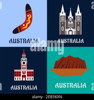 Australische Natur und Architektur Wahrzeichen, Kultur, Geschichte und Religion Symbole. Flache Symbole für Reisekonzept oder Design der Tourismusbranche Stock Vektor