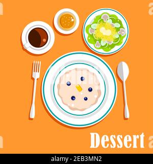 Gesunde Frühstücksküche mit süßem Milchkuchen, Butter und frischen Blaubeeren, Tasse Kaffee mit Brötchen und Gemüsesalat mit Champignons in Scheiben, Stock Vektor