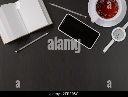 Notebook, Smartphone, Uhr, Bleistift und eine Tasse Tee auf dem dunklen Tisch. Flach liegend. Draufsicht. 3D Abbildung. Rendern Stockfoto
