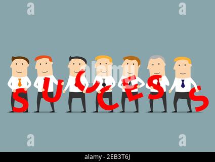 Wohlhabendes Business-Team von lächelnden Geschäftsleuten halten rote Buchstaben in den Händen und das Wort Erfolg zu komponieren. Erfolgreiche Teamarbeit, Partnerschaft und Kooperation Stock Vektor