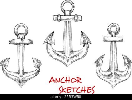 Nautische heraldische Skizzen Ikonen von Vintage dekorative marine Anker. Kann als Navy Emblem oder Tattoo-Design verwendet werden Stock Vektor