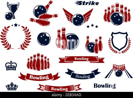 Bowling Sportartikel für Sportverein oder Turnier Embleme Design mit Ninepins, Bälle, Bahn und Trophäenschale, heraldic Schild mit Lorbeerkränze Stock Vektor