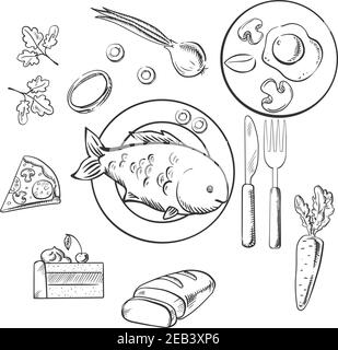 Frisches Abendessen mit Skizzenvektoren als Kuchen, Gemüse, Spiegeleier, Pizza und Brotscheiben, die um einen zentralen Teller mit Fisch herum liegen. Skizzenstil Stock Vektor