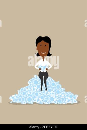 Reichtum, Erfolg, Reichtum und Fülle Konzept. Cartoon glücklich afroamerikanische Geschäftsfrau sitzt auf kostbaren Diamanten Stock Vektor