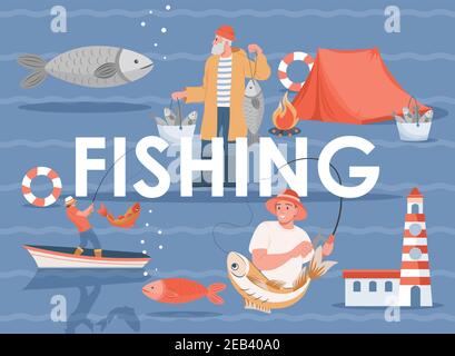 Angelvektor flache Banner-Vorlage mit Textraum. Sommerurlaub oder Wochenende, Angeln Sport Poster Konzept. Männliche Charaktere fangen Fische mit Angelrute, Camping und Entspannung. Stock Vektor