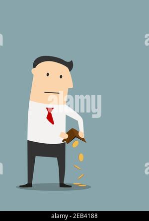 Konkurs, Finanzkrise oder Insolvenzthema. Cartoon bankrott Geschäftsmann hält leere Brieftasche mit letzten Münzen Stock Vektor