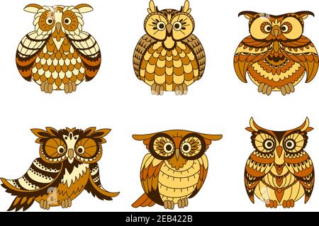 Cartoon Eulen Vögel mit braunen und gelben Gefieder, ornamentale Gesichtsscheiben und Ohrbüschel. Niedliche Vögel können in Kinder Buch Illustration verwendet werden, Hallowe Stock Vektor