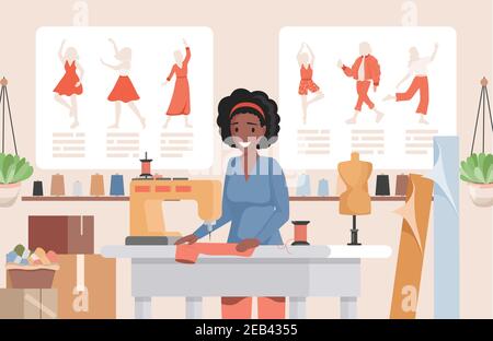Frau arbeitet an Nähmaschine im Atelier oder Mode nähen Studio Vektor flache Illustration. Lächelnder Schneider oder Schneiderin, der Kleid macht. Nähwerkstatt Innenraum, Nähen Hobby-Konzept. Stock Vektor