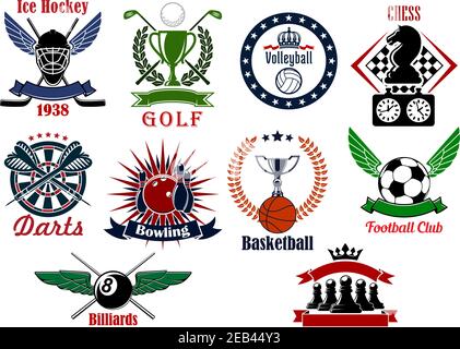 Symbole von Eishockey, Fußball oder Fußball, Basketball, Volleyball, Bowling, Billard, Schach, Golf und Darts für Sportverein Embleme oder Turnierabzeichen Stock Vektor