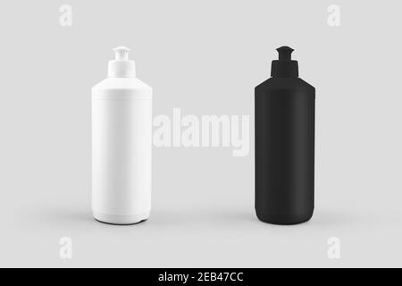 Mockup aus Kunststoff weiß, schwarze Flasche mit Push-Pull, Behälter mit Flüssigkeit für die Reinigung des Hauses, Geschirrspüler, isoliert auf Hintergrund. Hochglanzverpackung Stockfoto