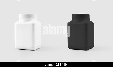 Mockup eines Plastikglases mit Schraubverschluss für Vitamine, Tabletten, Pillen, isoliert auf dem Hintergrund. Schwarz-weiße Verpackungsvorlage für Designpräsentation Stockfoto