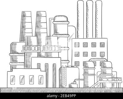 Industrielle Raffinerie Fabrik Skizze mit Satz von Gebäuden, Tanks, Rohrarbeiten und Kamine. Vektorgrafik Skizze Stock Vektor