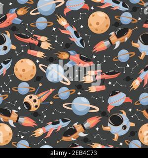 Cosmos Erkundung Vektor nahtlose Muster. Raumschiffe, Konstellationen, Raketen und Planeten flache Illustration isoliert auf grauem Hintergrund. Weltraum, wissenschaftliche Forschungen Hintergrund. Stock Vektor