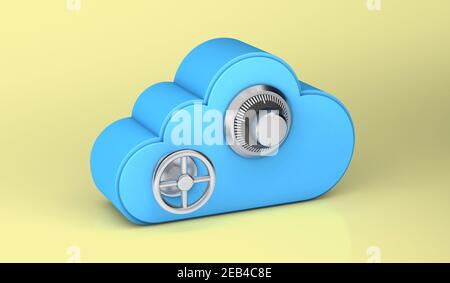 Cloud-Speicher ist so sicher wie ein Safe. Gelber Hintergrund. 3D Rendern. Stockfoto