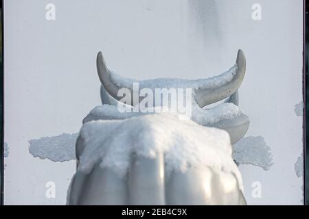 Ventspils, Lettland, 5. Februar 2021: Süße und lustige weiße Kuh mit bemalten Lippen, die an einem verschneiten Wintertag in den Spiegel schauen, eine der vielen Statuen Stockfoto