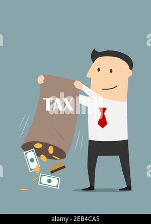 Thema Steuerzeit Konzept. Vektor. Zufriedene Geschäftsmann Steuerzahler Ausgießen aus einem Beutel der gesammelten Steuern eine Kreditkarten, Geldscheine und Münzen Stock Vektor