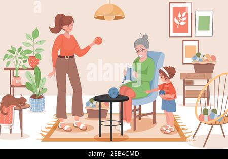 Lächelnde alte Frau in bequemen Sessel Stricken Schal Vektor flache Illustration. Frau und ihre Tochter geben Großmutter Wolle und Baumwollgarn. Familie im Wohnzimmer engagiert in Nadelarbeit. Stock Vektor