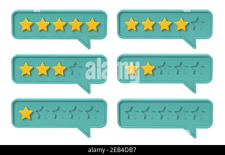 5 Sterne. Blase mit Feedback, Qualität. Isoliert auf weißem Hintergrund. 3D Rendern. Stockfoto