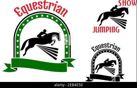 Pferdesport-Symbole für Springen oder Vielseitigkeitssymbole mit Reitern und Pferden, die über hohe Hürden springen. Umrahmt von Sternbogen, Bändchenbanner, Stock Vektor