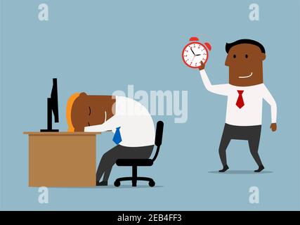 Müde Cartoon Geschäftsmann schlafen am Arbeitsplatz und sein Kollege versucht, ihn mit Wecker zu wecken. Überarbeit, Stress, freundliche Witz Thema des Stock Vektor