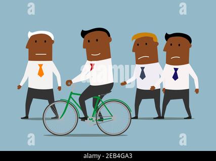 Wettbewerbs- und Kompetenzvorteile oder Wettbewerbskonzept. Selbstbewusst lächelnd Cartoon dunkelhäutig Geschäftsmann auf Fahrrad fahren und verlassen hallo Stock Vektor
