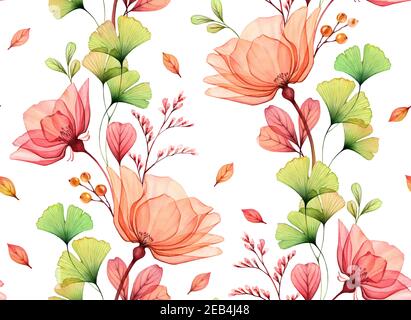 Aquarell Nahtloses Muster. Abstrakte rosa Rosen, grüne Gingko, fallende Blätter und auf weiß. Isolierte Hand gezeichnet floralen Hintergrund für Tapeten Stockfoto